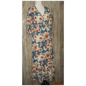 Luxology Floral Dress Teal Beige V-Neck Boho Cottage Core Western Size Small